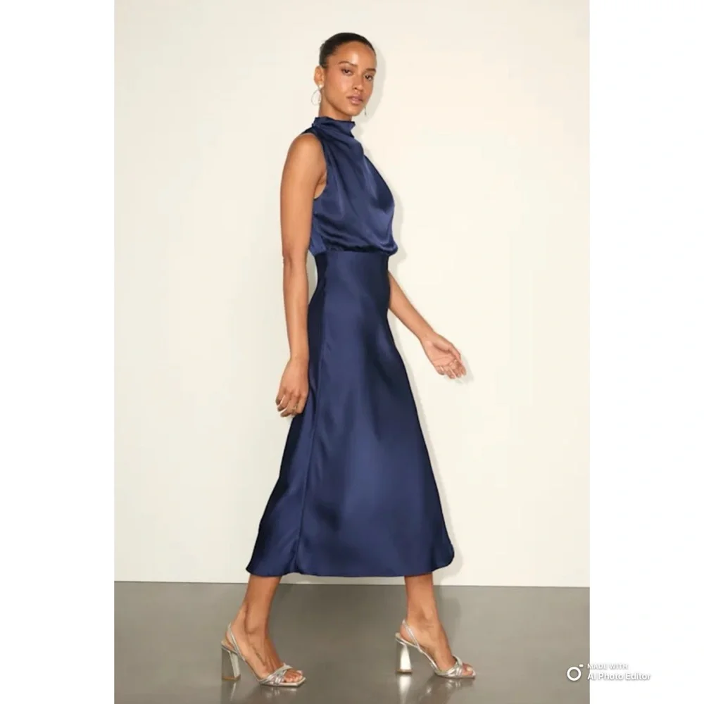 Lulus Medium Distinctive Charm Navy Blue Satin Asymmetrical Midi Dress NWT - Picture 10 of 17